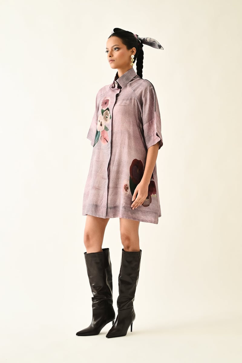 Lilac Abstract Print Mini Shirt Dress