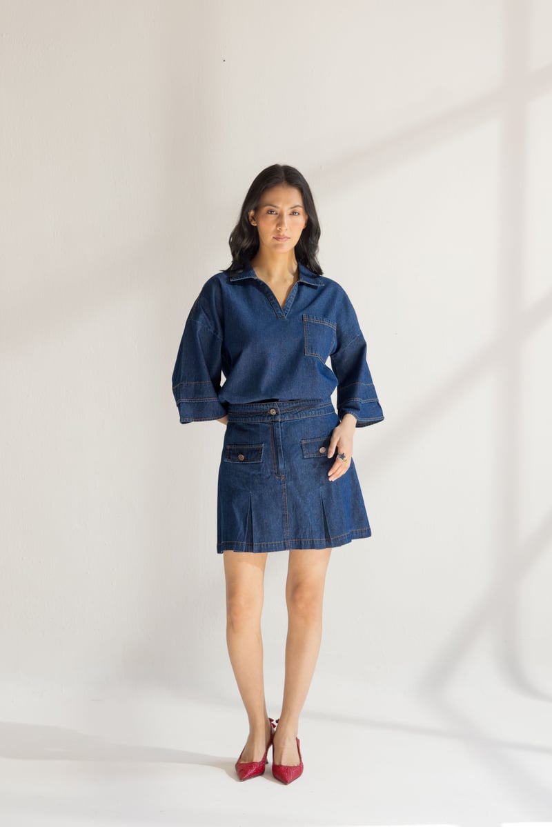 Blue Denim V-Neck Top and Mini Skirt Co-ord Set