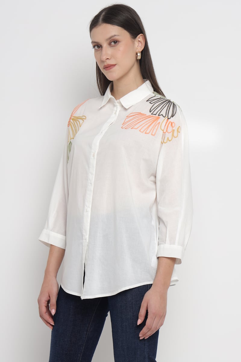 White Cotton Shirt with Leaf Embroidery
