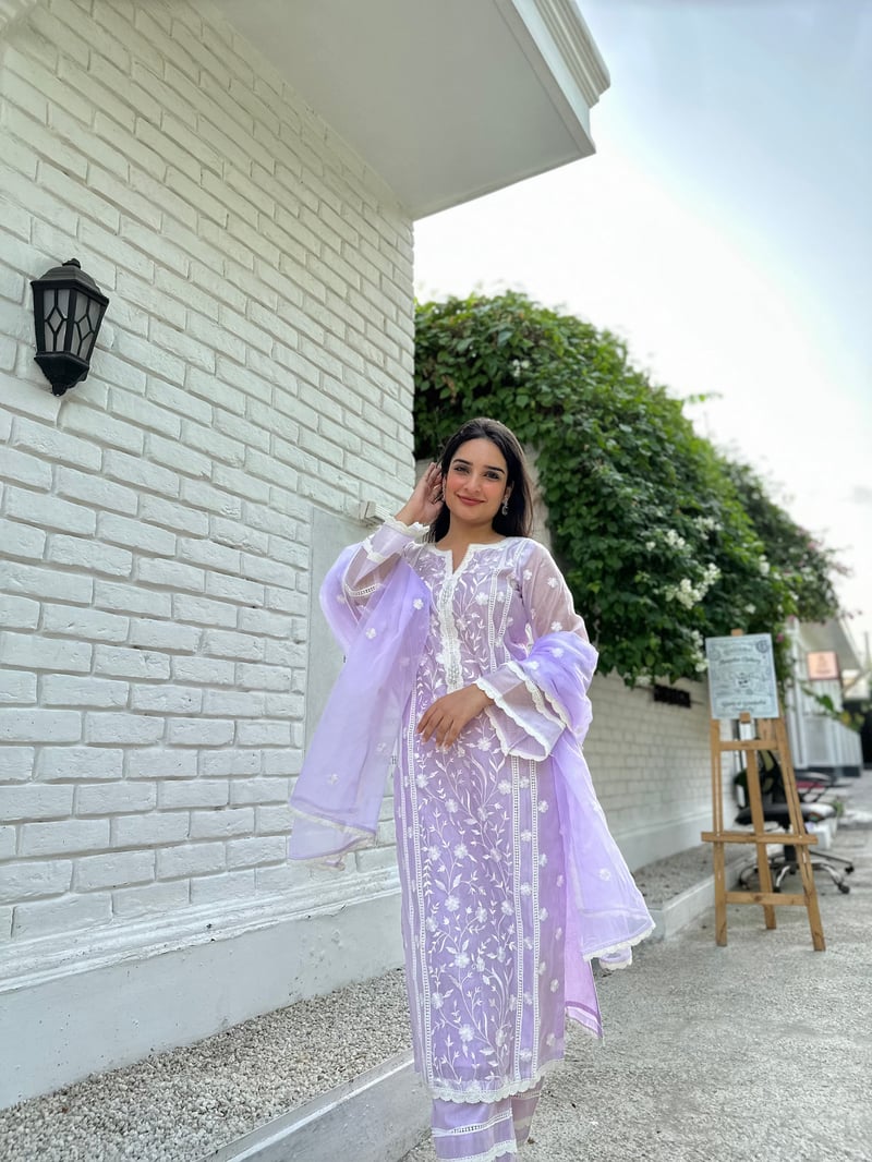Lavender Embroidered Chanderi Suit Set with Organza Dupatta