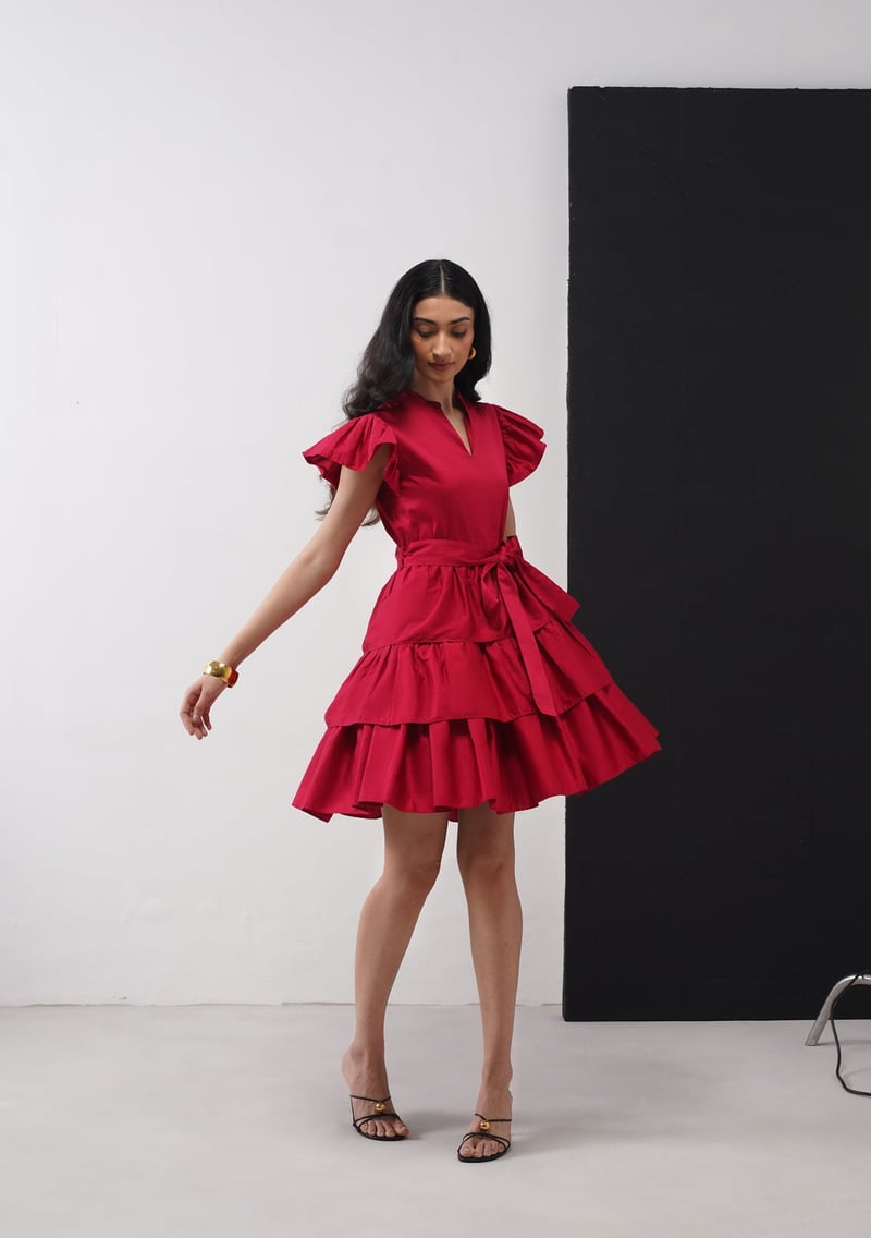 Cherry Red Tiered Mini Dress with Ruffle Sleeves