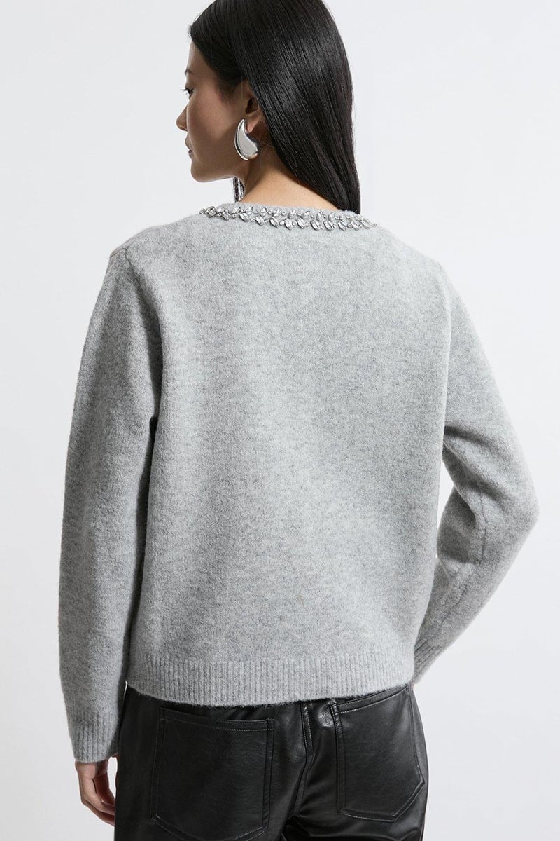 Grey Crystal-Trim Cosy Knit Cardigan