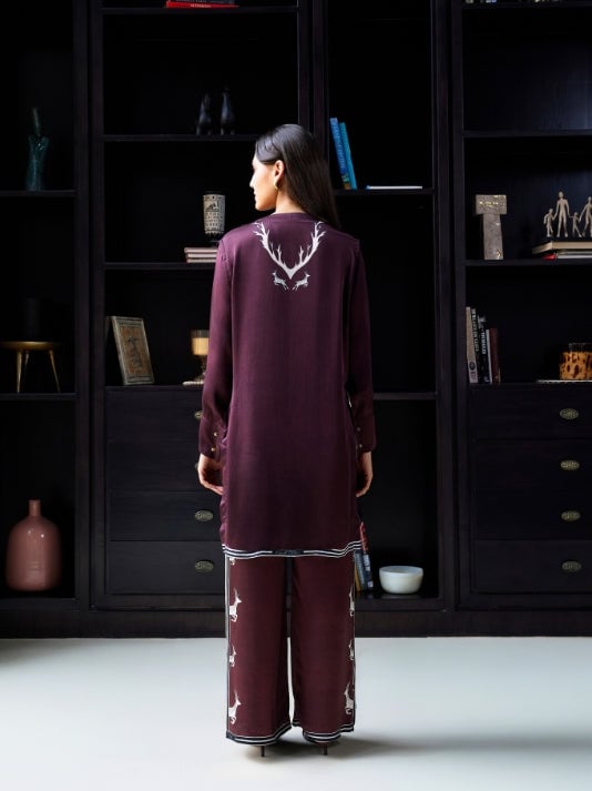 Burgundy Cupro Satin Printed Kurta and Pant Co-ord Set