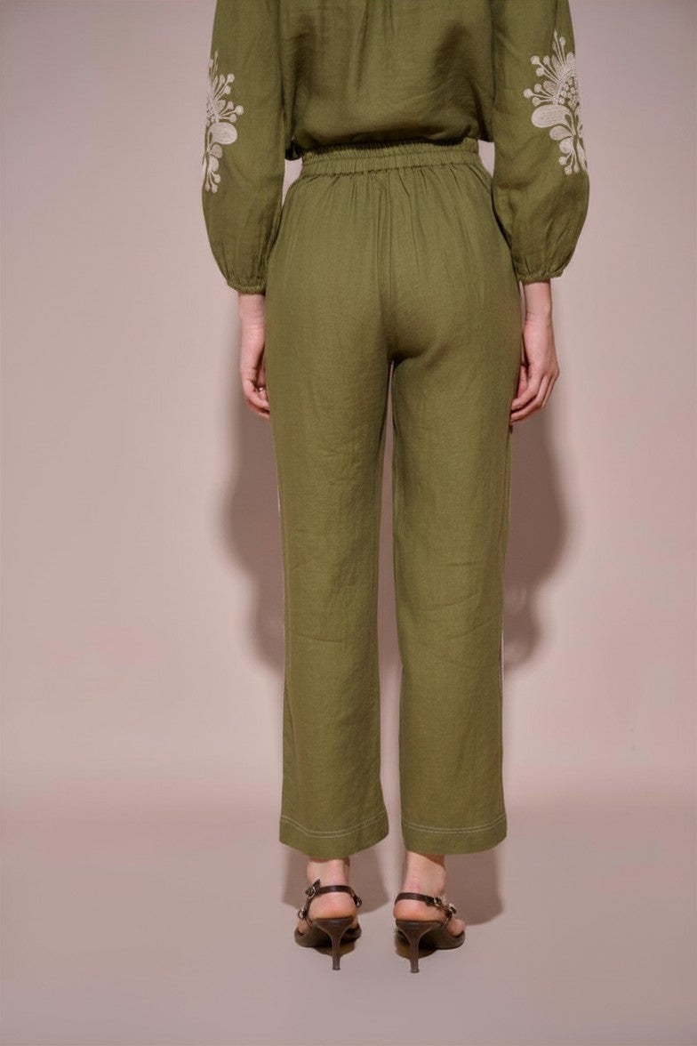Green Linen Wide-Leg Trousers with Placement Print