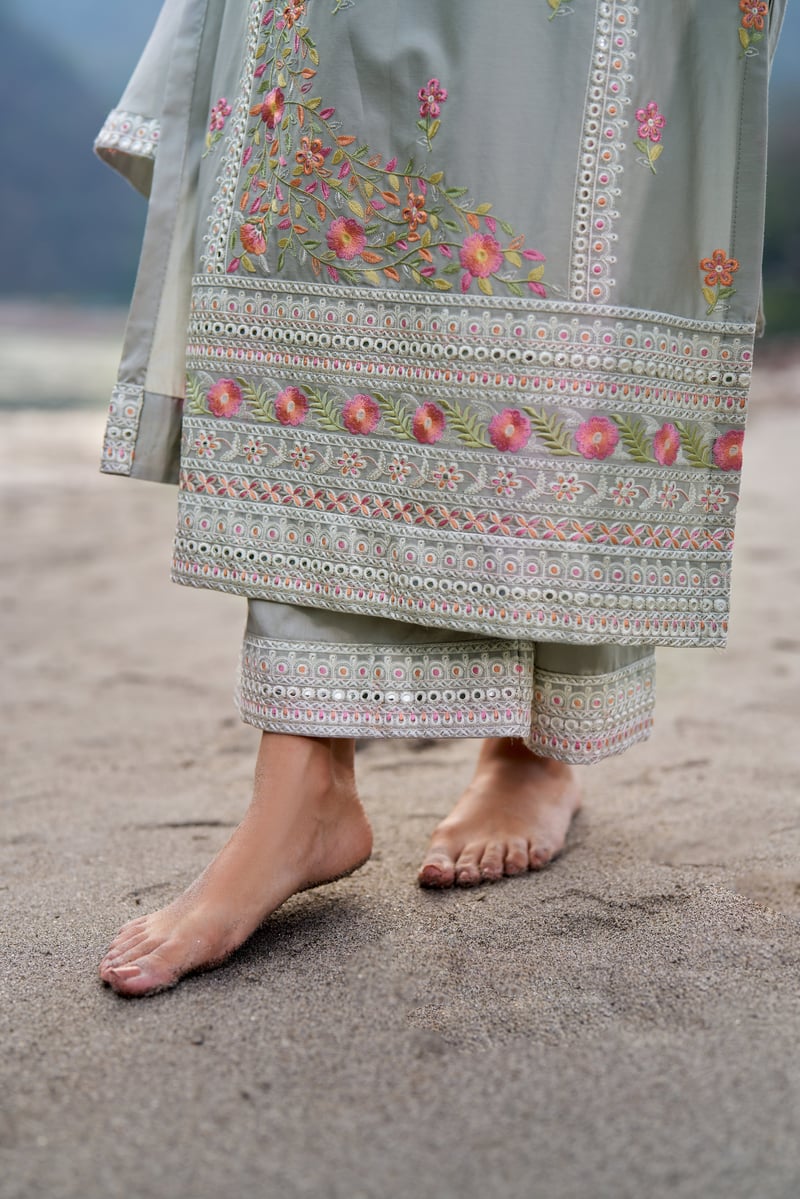 Grey Cotton Embroidered Straight Kurta Set with Dupatta