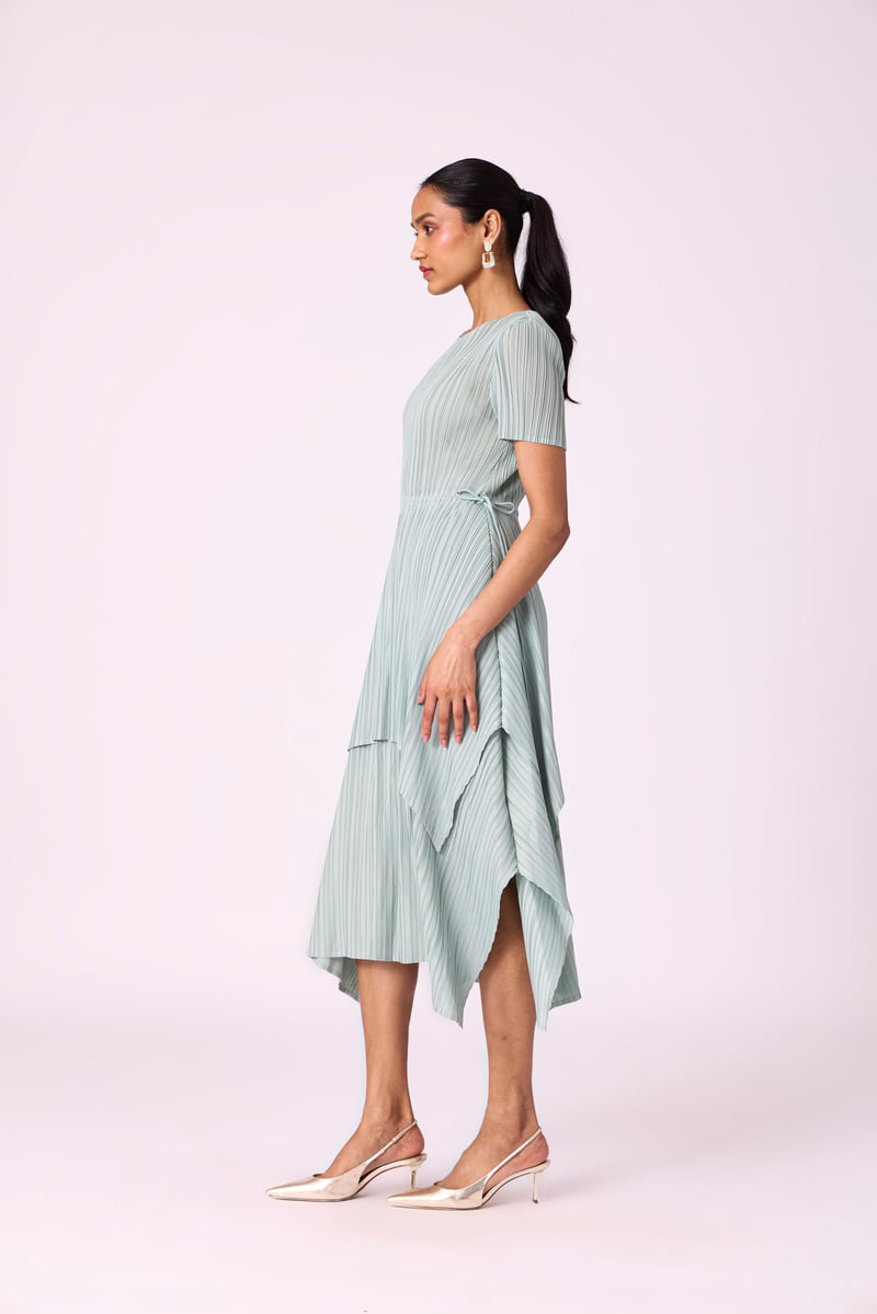 Sage Mint Pleated A-Line Midi Dress with Tie Waist