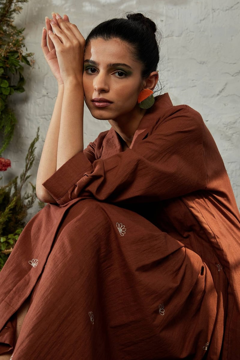 Cinnamon Khadi Pleated Midi Shirt Dress