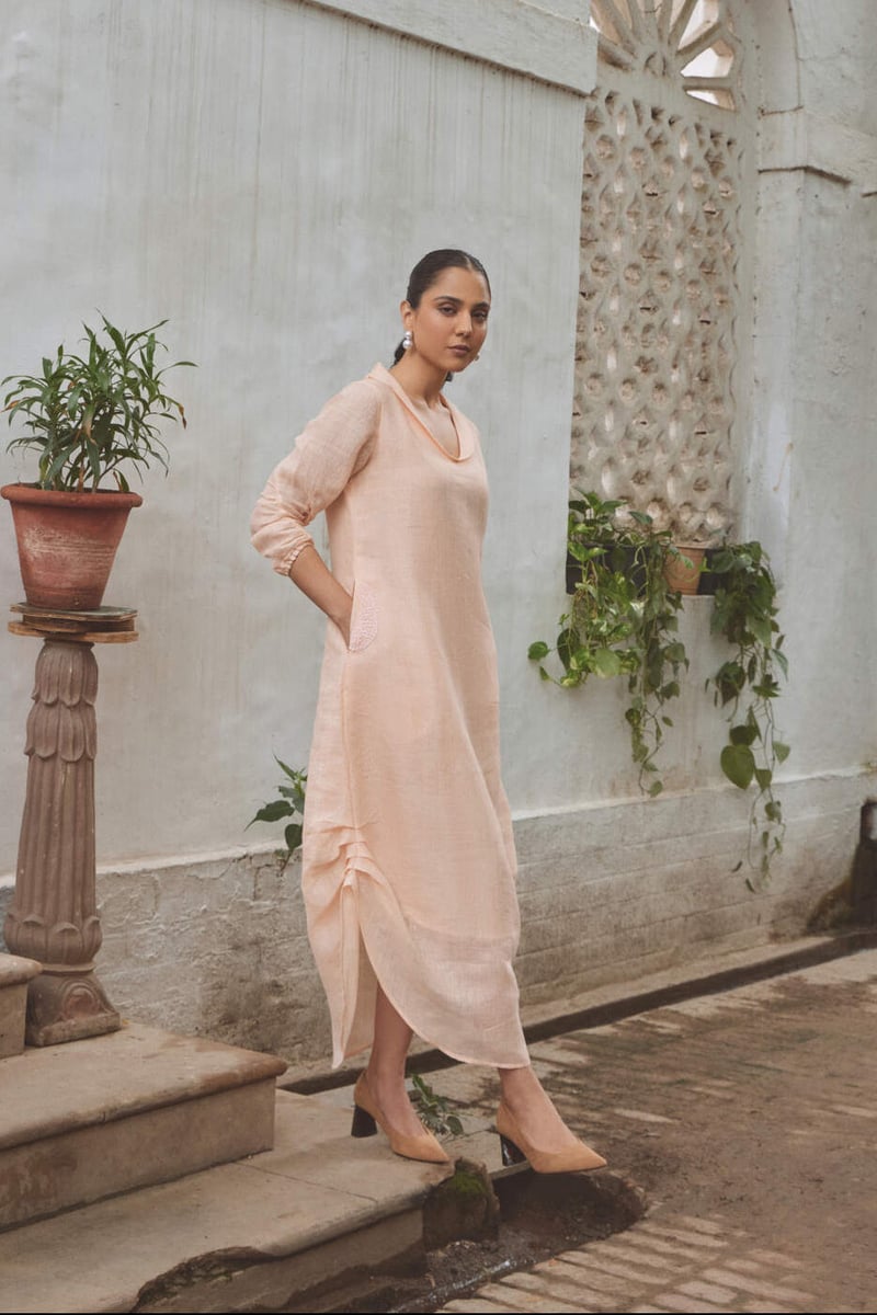 Peach Linen Straight Midi Dress with V-Neck and Pockets