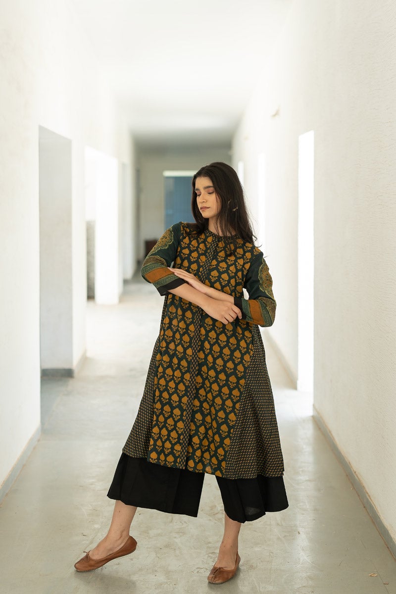 Forest Green A-Line Cotton Block Print Kurta
