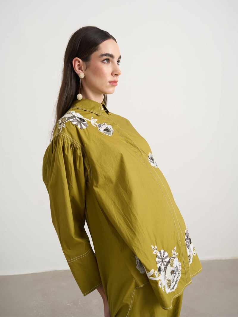 Green Embroidered Cotton Shirt and Pants Co-ord Set