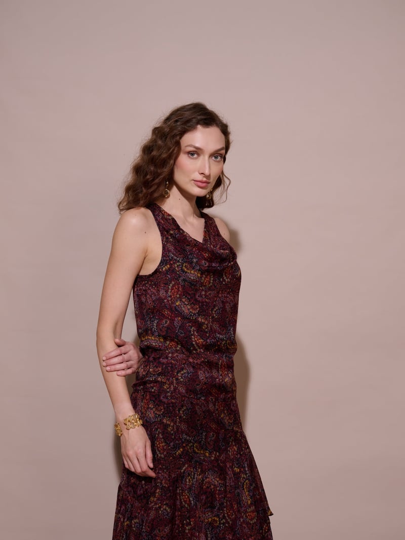 Wine Paisley Print Cowl Neck Sleeveless Top
