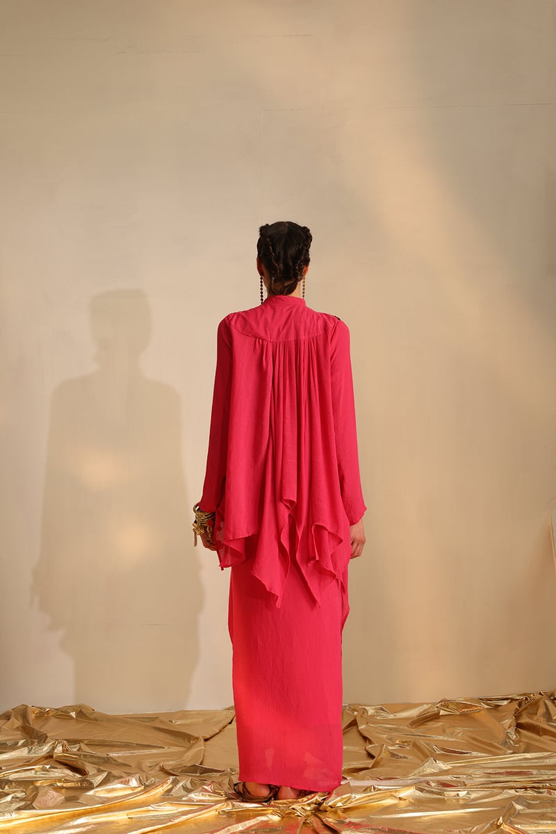 Hot Pink Embellished Yoke Top and Draped Skirt Co-ord Set