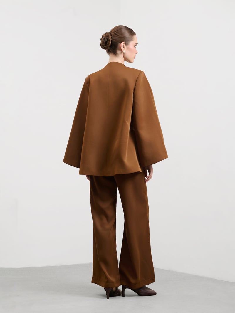 Mocha Brown Embellished Blazer Cape with Tie Belt