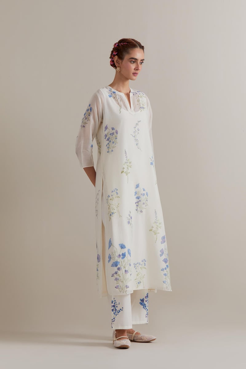Off-White Floral Block Print Kurta Set with Dupatta
