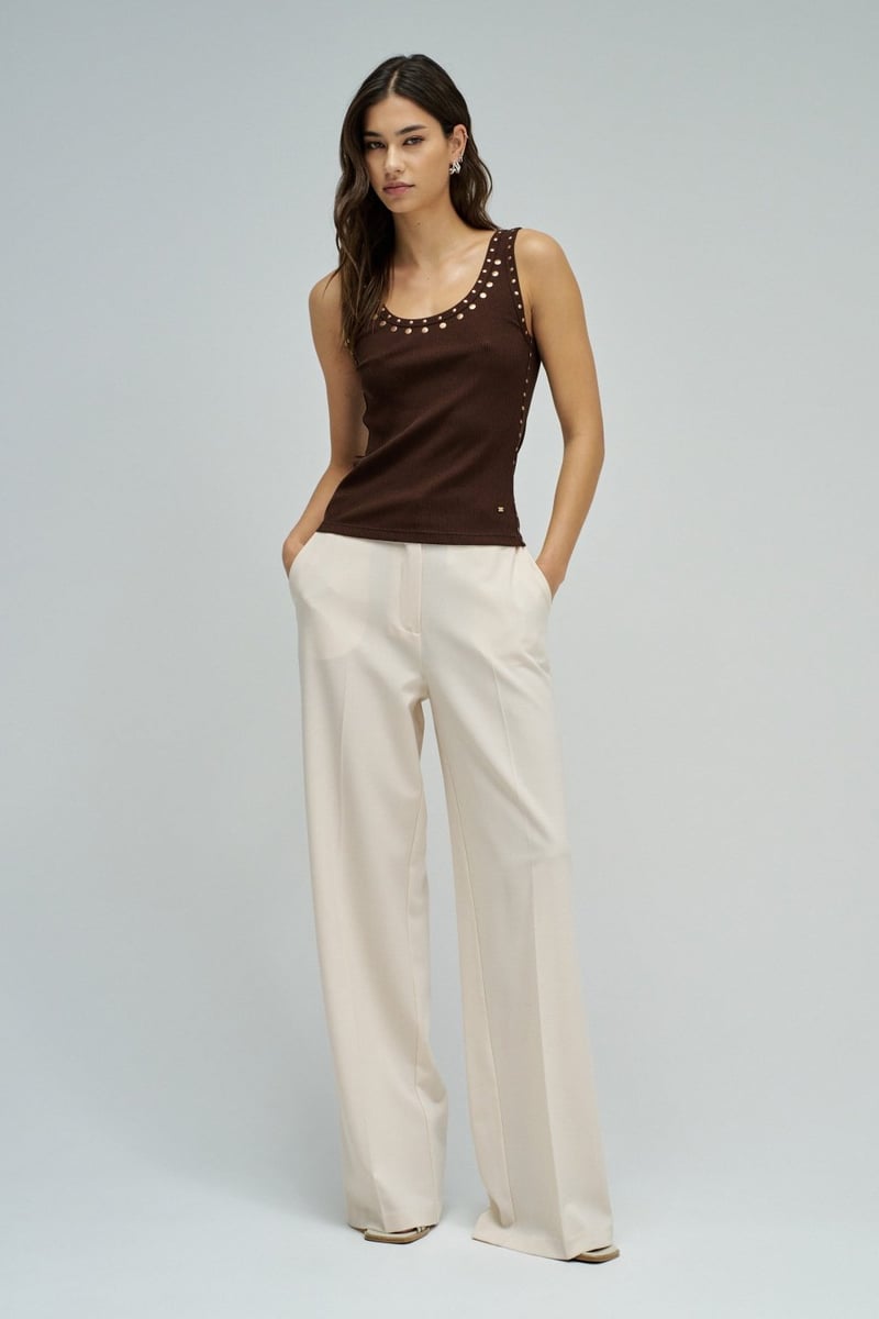 Medium Brown Ribbed Stud-Trim Scoop Neck Tank Top