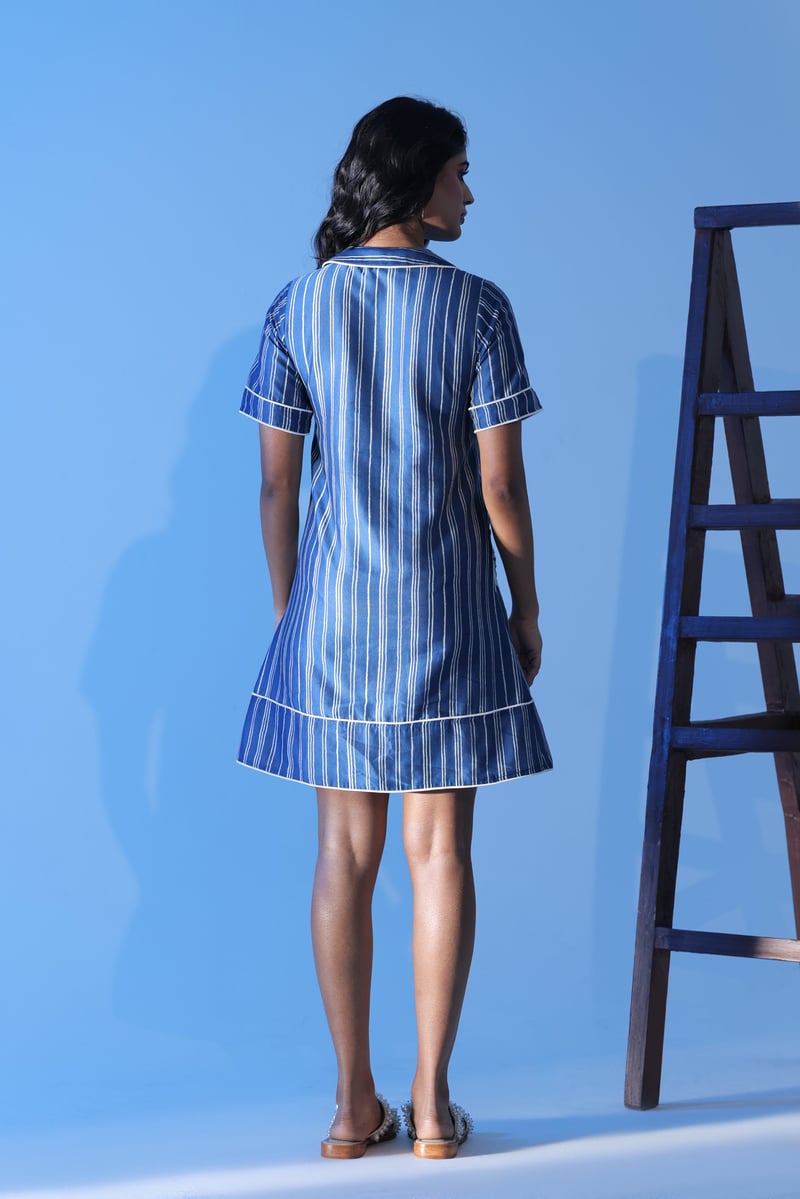 Blue Striped Cotton Silk Mini Dress with Floral Applique