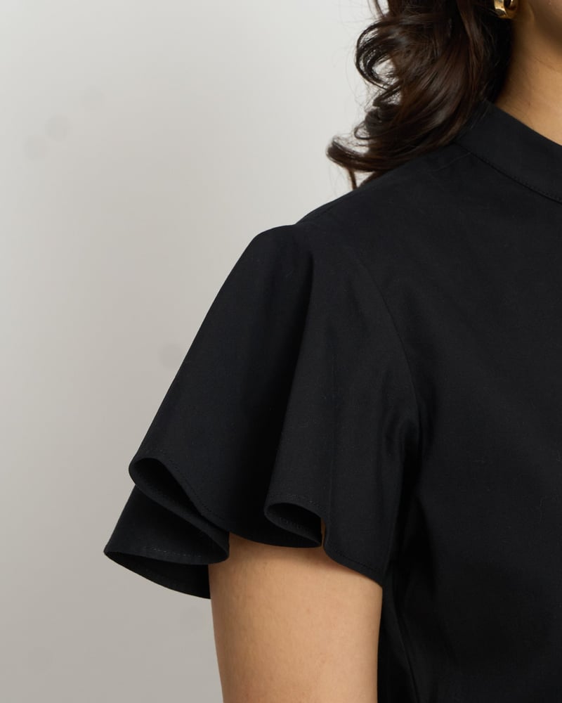Black Mock Neck Flutter Sleeve Cotton Top