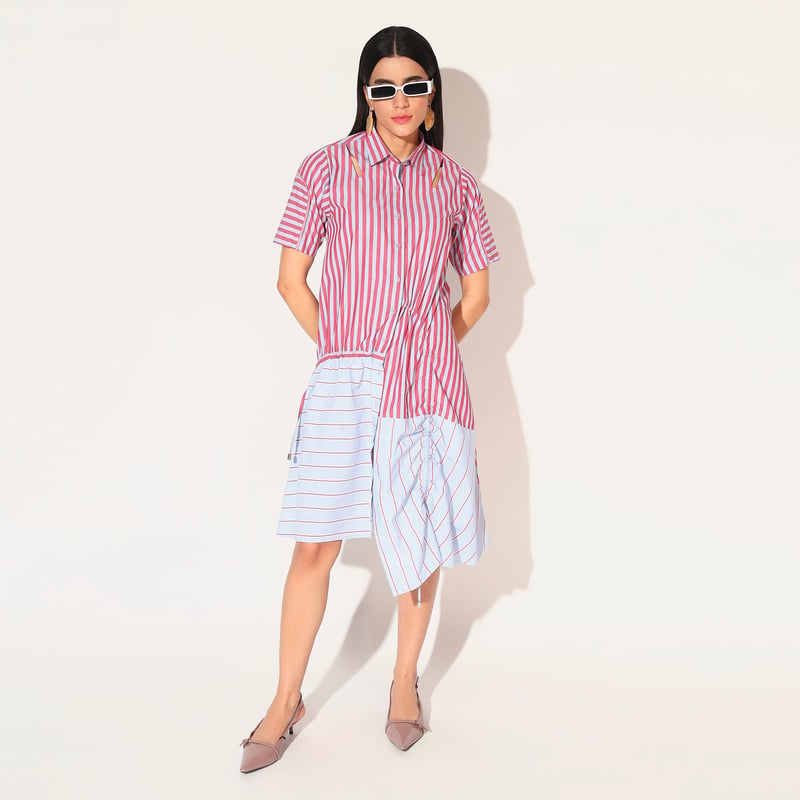 Red and Blue Colorblocked Striped Shirt Dress