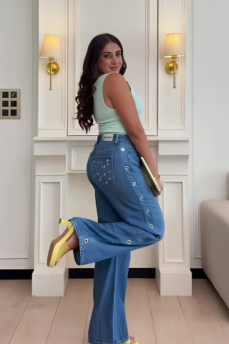 Blue Very High-Waist Wide-Leg Jeans with Eyelets