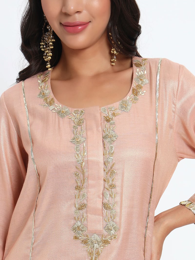 Peach Cotton Tissue Kurta Sharara Set With Gotta Patti