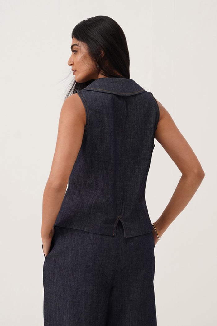 Denim Blue Waistcoat and High-Waist Pants Co-ord Set