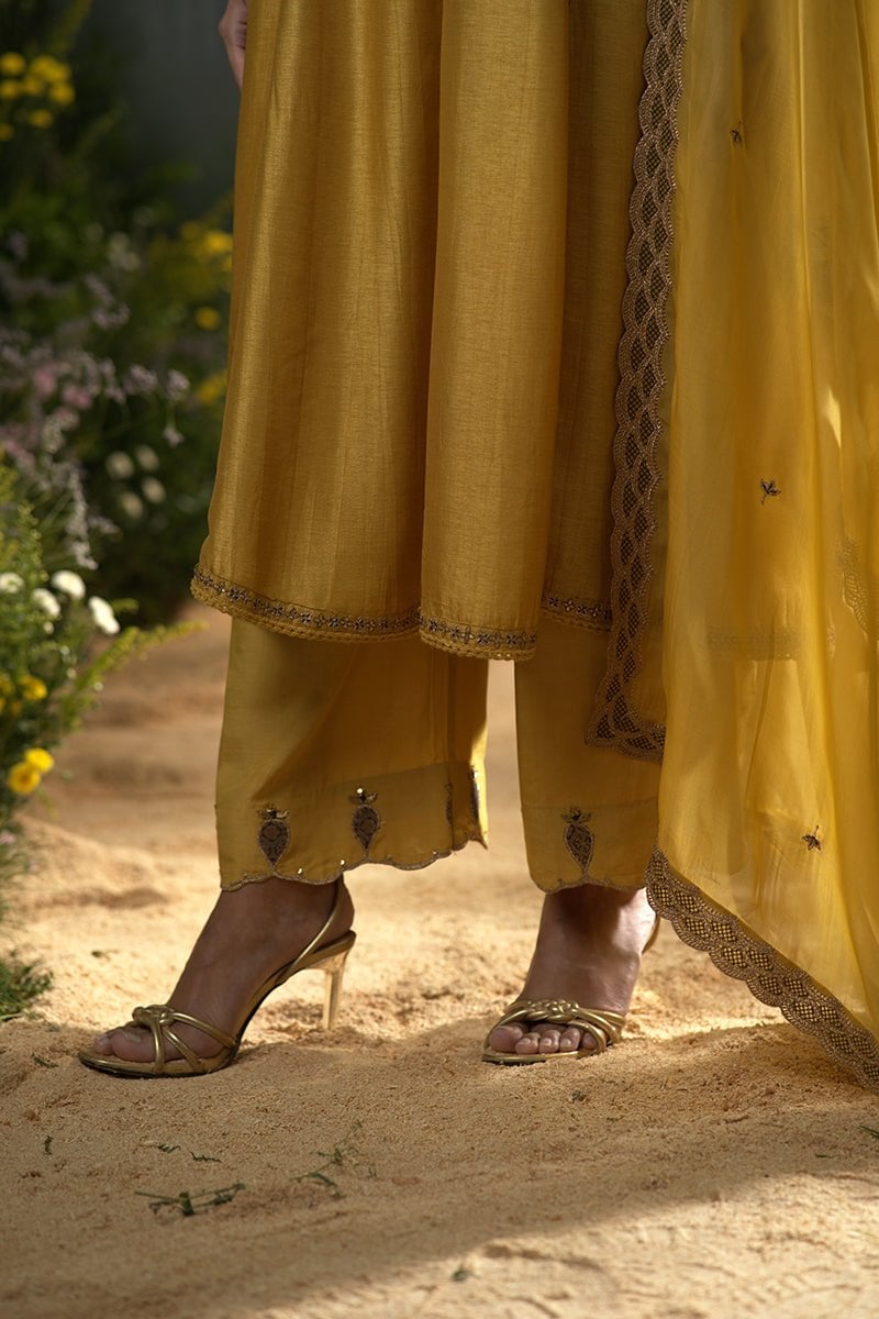 Honey Gold Raw Silk Anarkali Kurta Set with Dupatta
