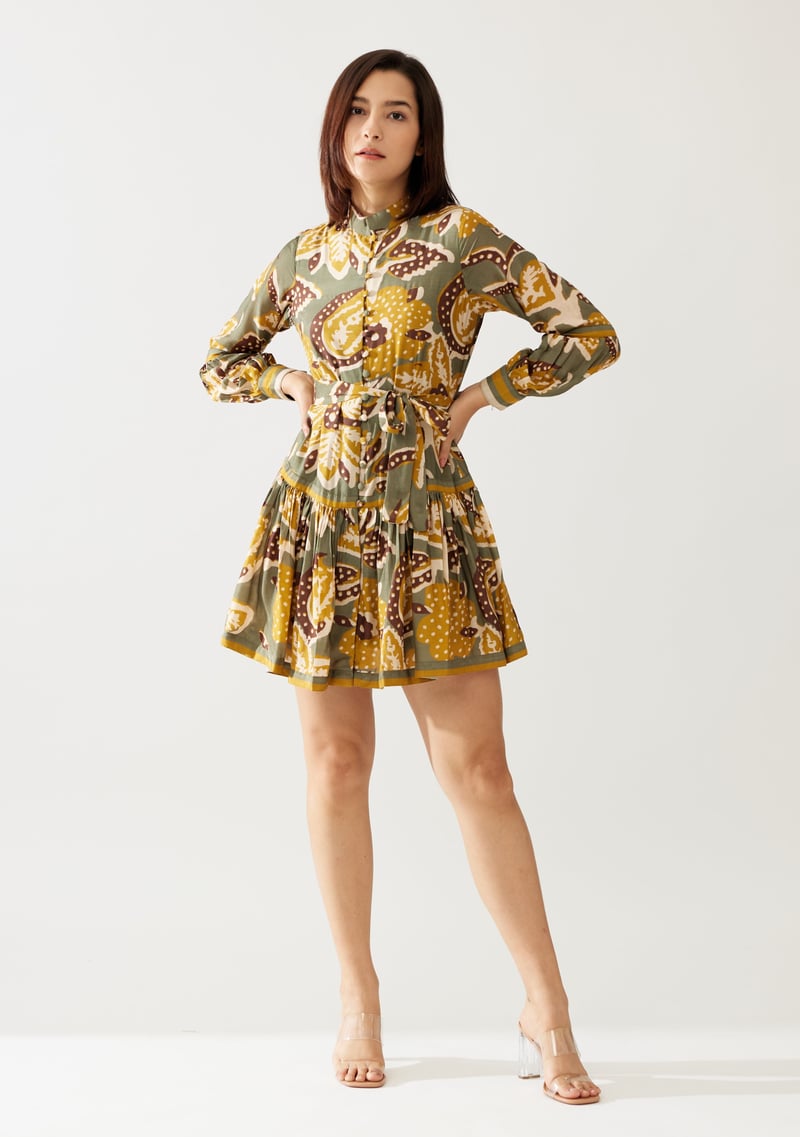 Olive And Mustard Floral Short Dress — KoAi
