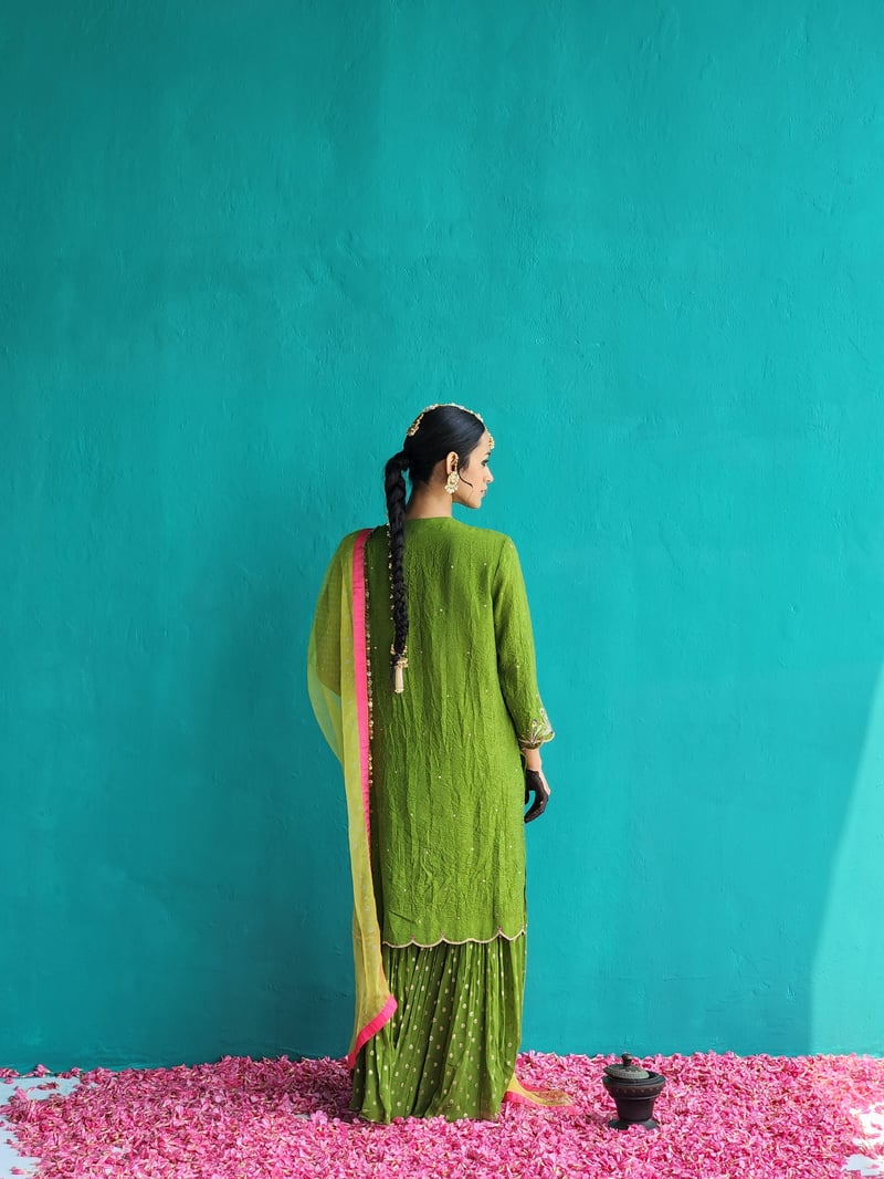 Mehendi Green Embroidered Kurta Sharara Set with Dupatta
