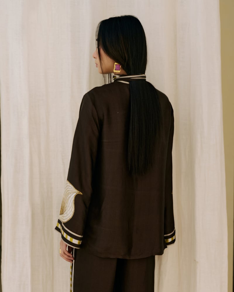 Brown Modal Satin Longline Printed Tie-Neck Top
