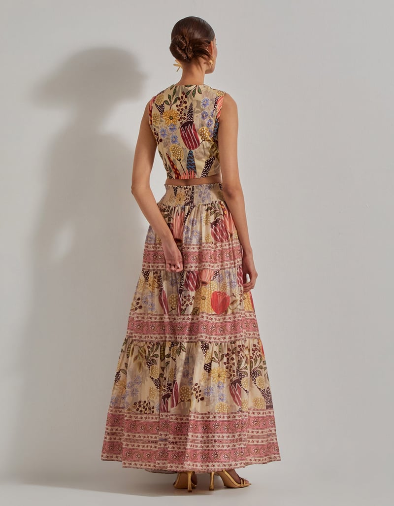 Beige Printed Waistcoat and Tiered Maxi Skirt Co-ord Set