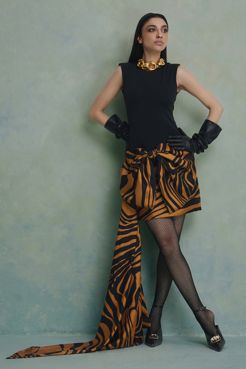 Black and Yellow Animal Print Draped Mini Dress