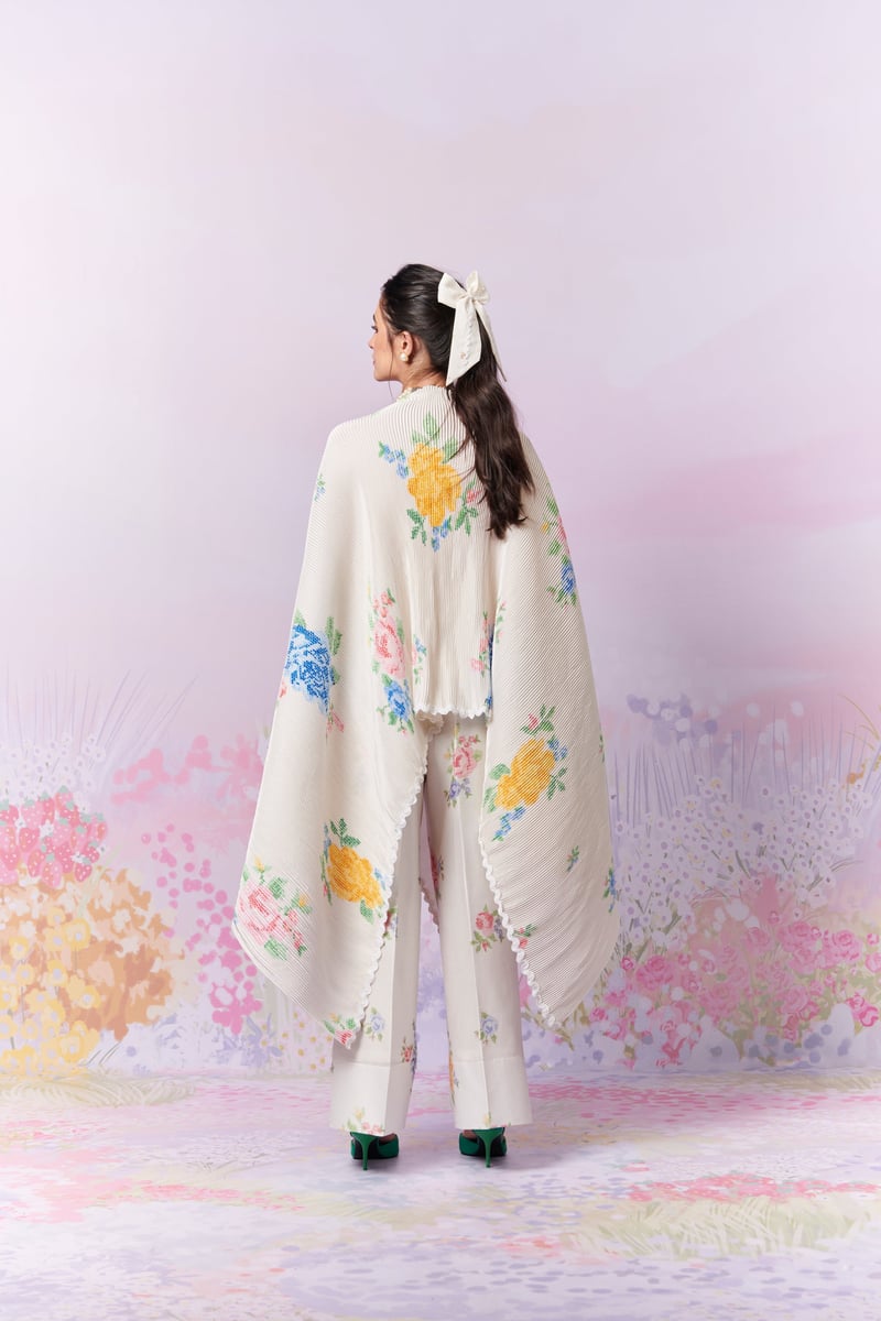 Ivory Pleated Satin Cape with Floral Motifs