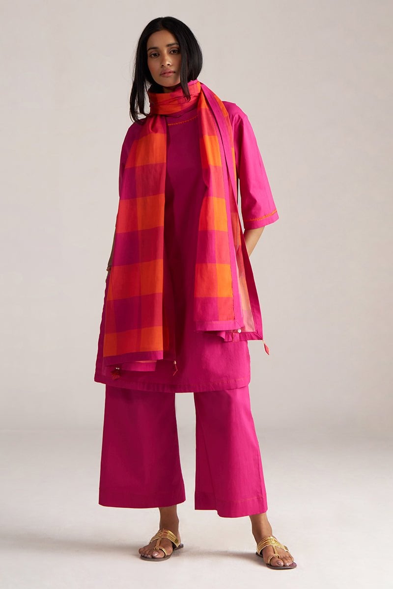 Fuchsia Straight Kurta and Wide-Leg Pants Set with Dupatta