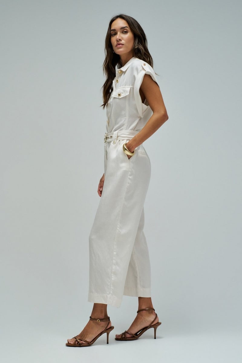 Light Beige Belted Shirt Jumpsuit with Button Front