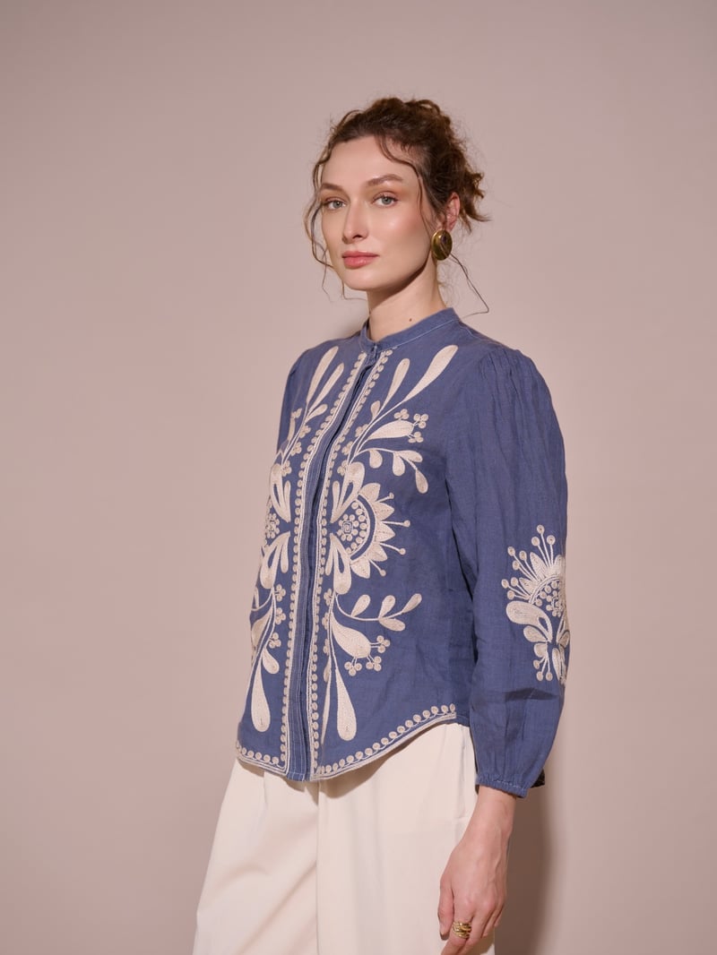 Blue Cotton Embroidered Mandarin Collar Button-Front Top