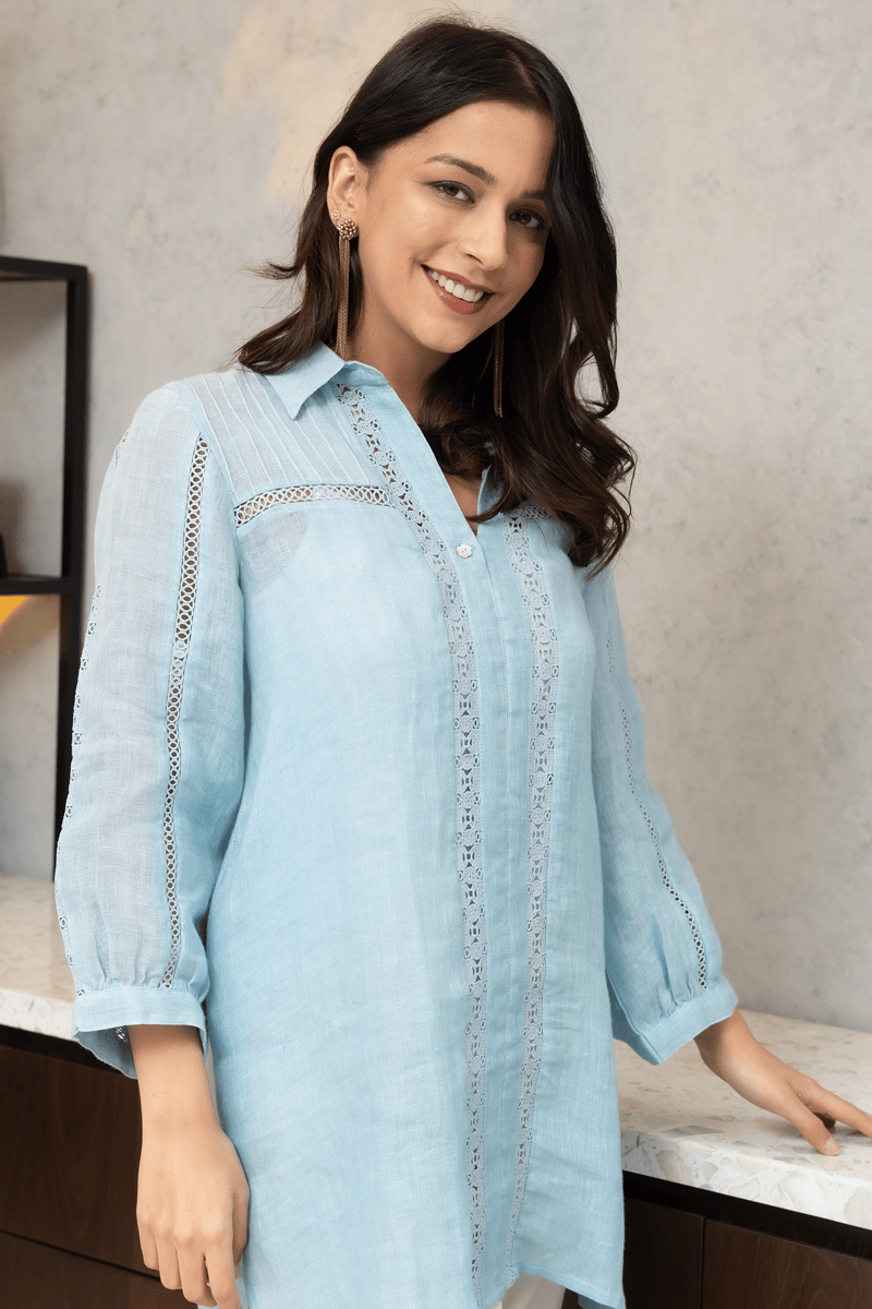 Powder Blue Linen Shirt with Lace and Cutwork Inserts