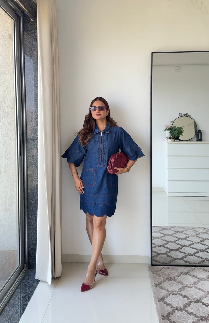 Blue Denim Shirt Dress with Zip Front and Scalloped Hem