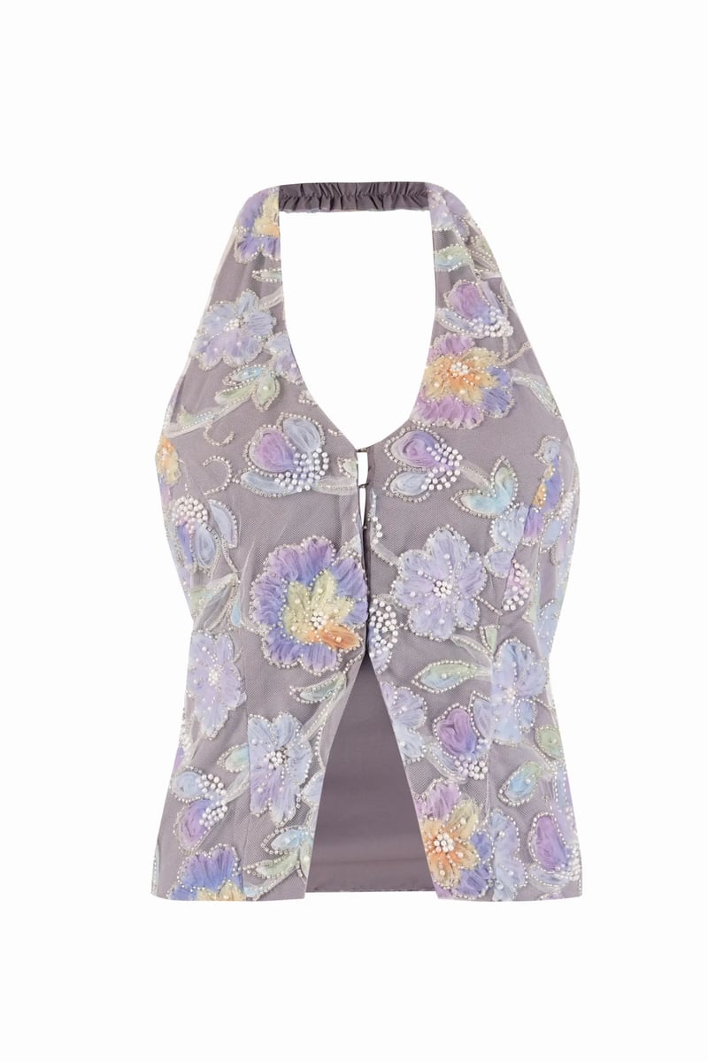 Periwinkle Halter Embroidered & Beaded Net Waistcoat