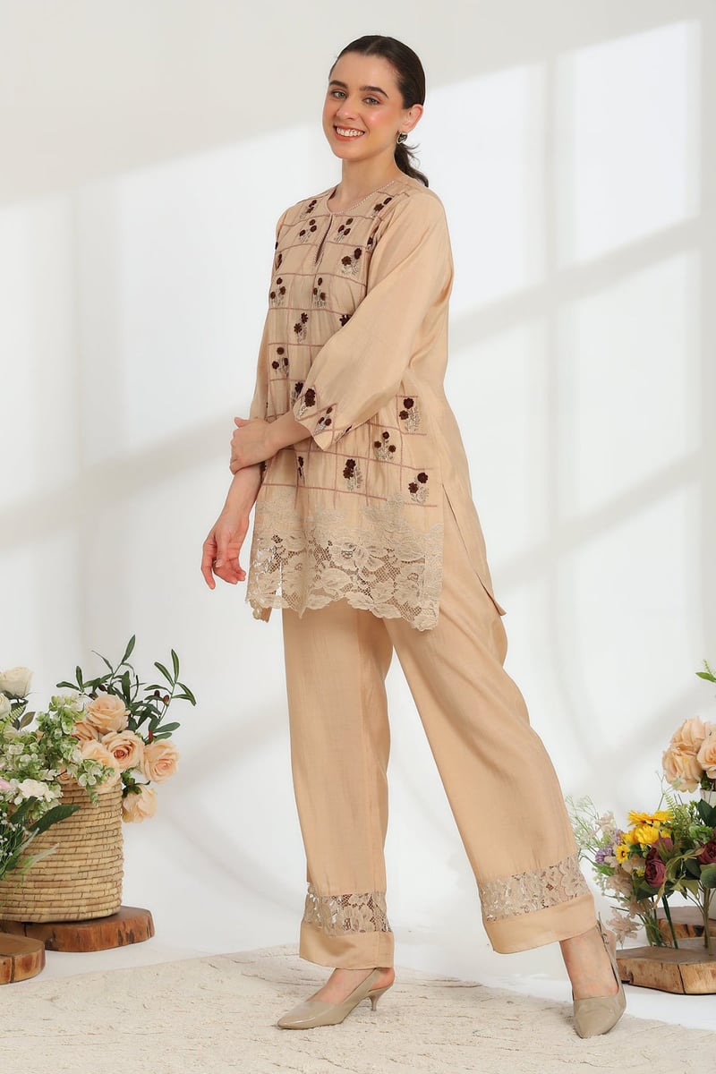 Aure Beige Hand Embroidered French Lace Silk Linen Kurta Set