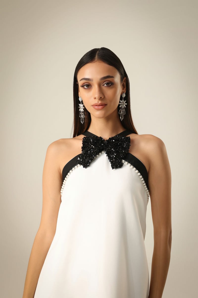 Ivory Halter Neck A-Line Mini Dress with Bow and Pearl Trim