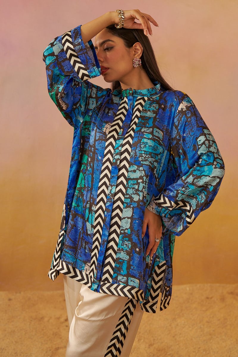 Blue Abstract Print Tunic and Pants Co-ord Set