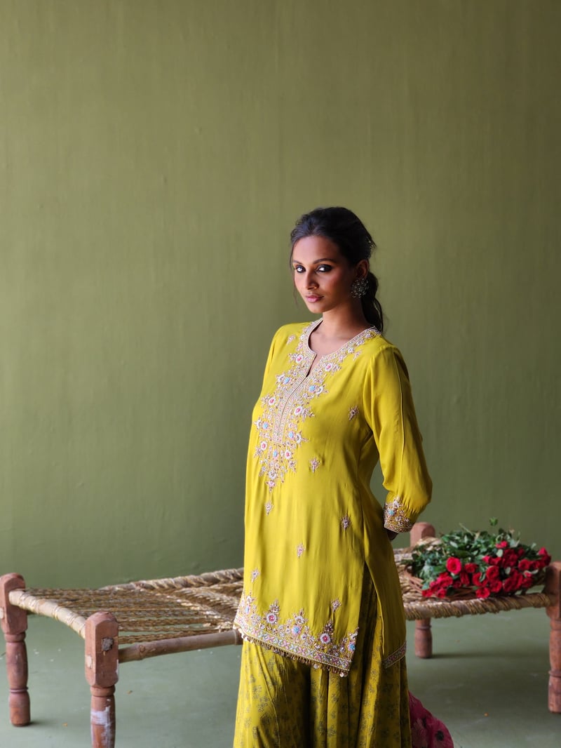 Mehendi Green Embroidered Short Kurta Sharara Set