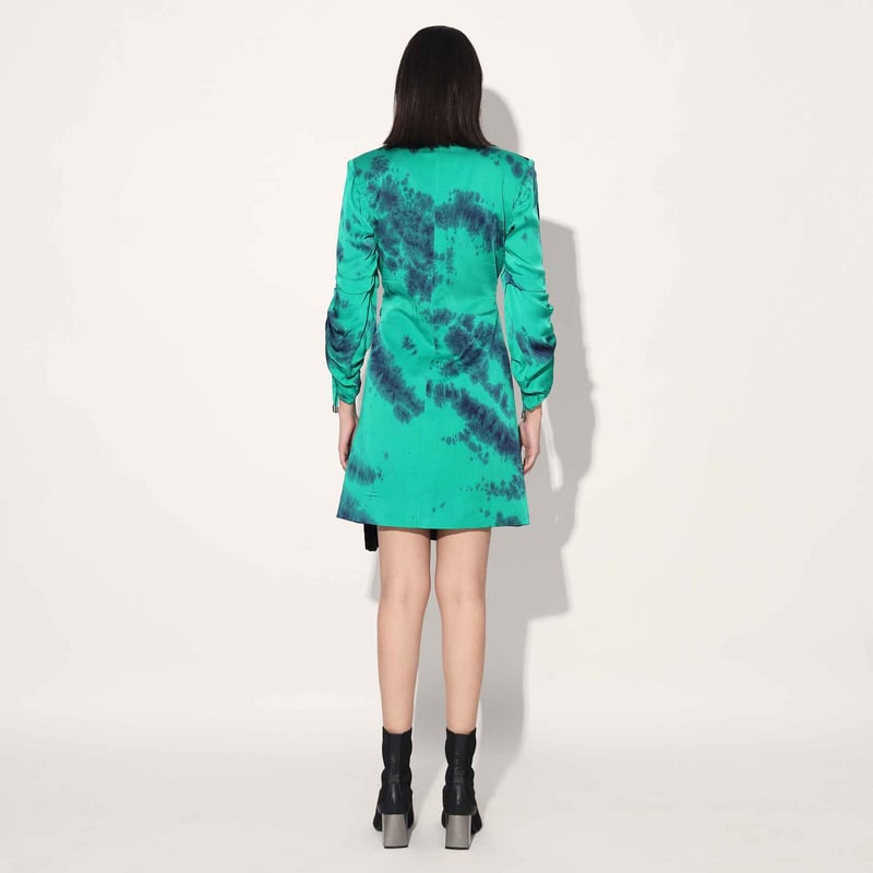 Green Tie-Dye Satin Wrap Jacket Dress