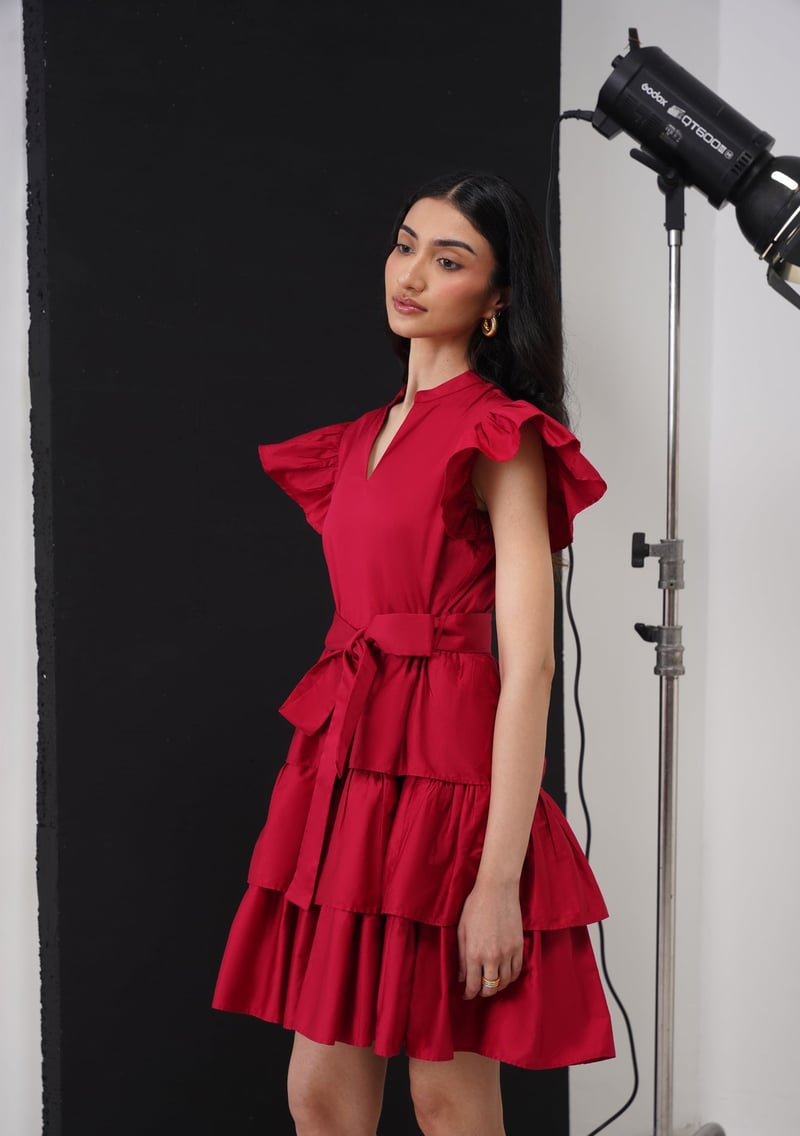 Cherry Red Tiered Mini Dress with Ruffle Sleeves