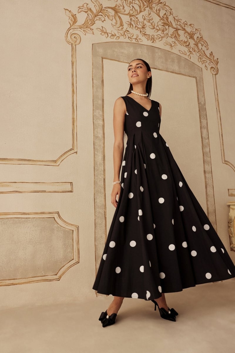 Black and White Polka Dot Fit and Flare Maxi Dress