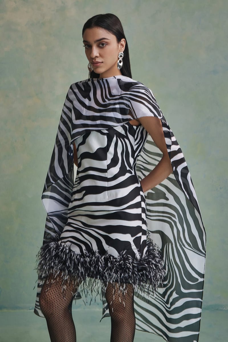 Black and White Zebra Print Mini Dress with Detachable Cape