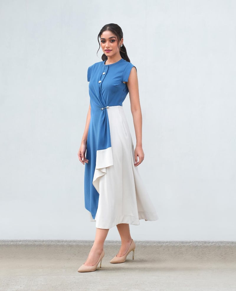 Prussian Blue and Ecru Colorblocked Midi Dress