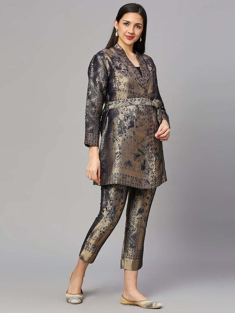 Navy/Gold Metallic Jacquard Cigarette Trousers