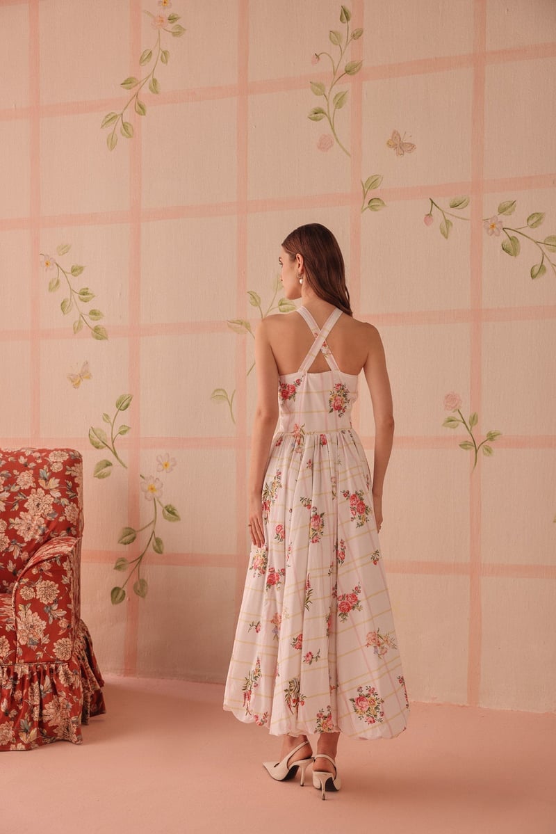 White Floral Check Halter Neck Fit and Flare Midi Dress