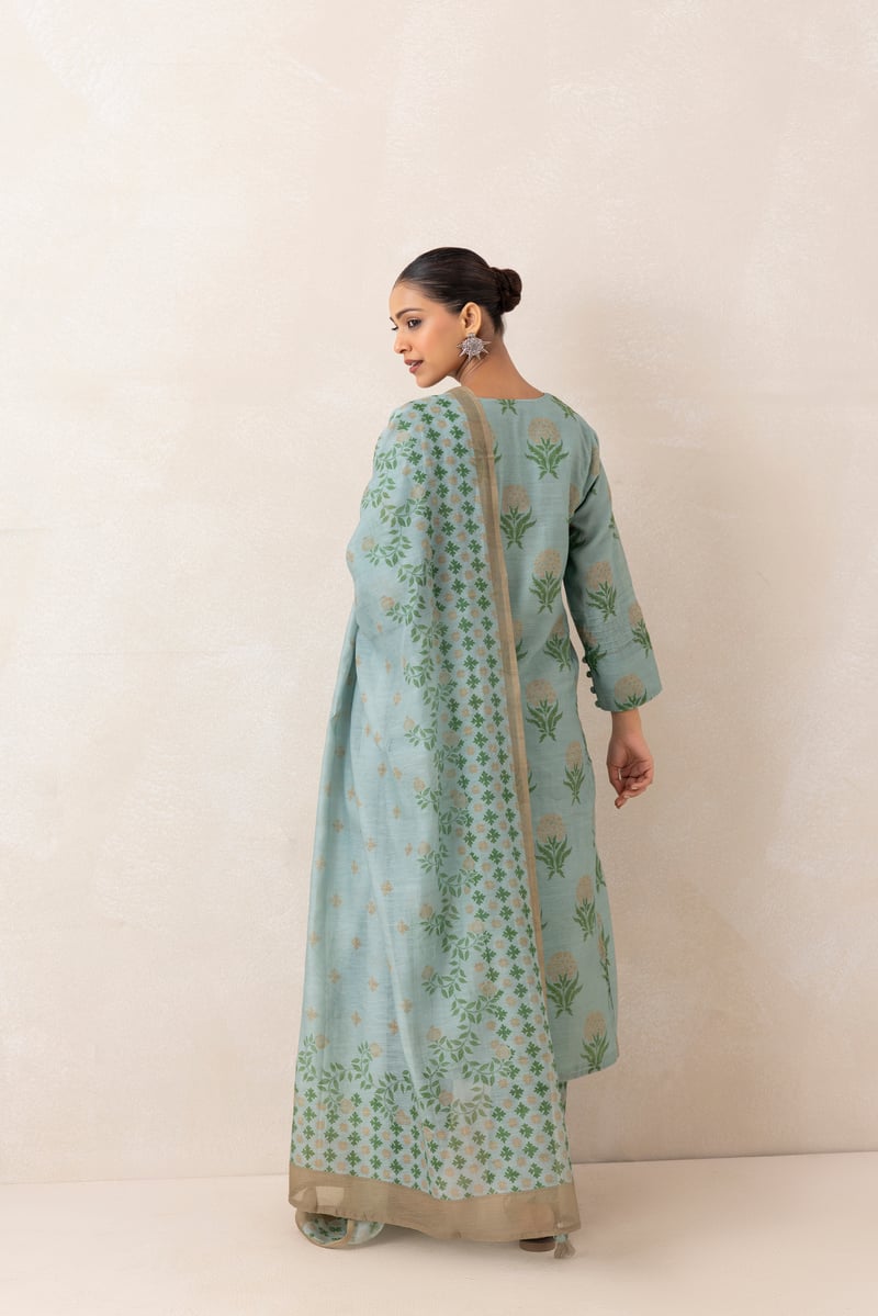 Blue and Beige Floral Print Straight Kurta Set with Dupatta